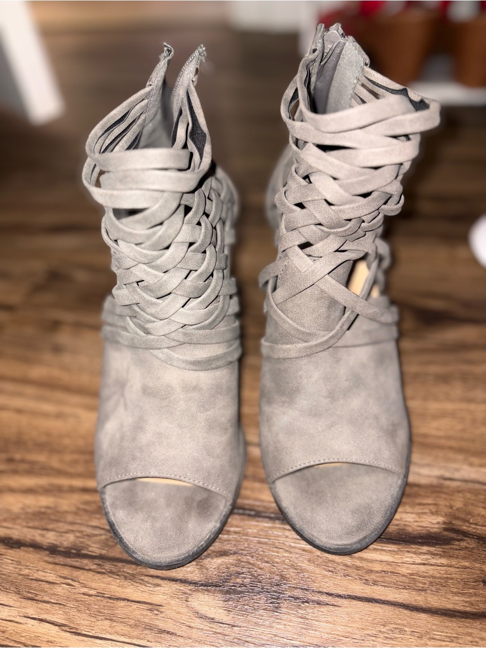 Diba Gray Woven Lace-Up Peep-Toe Heeled Booties